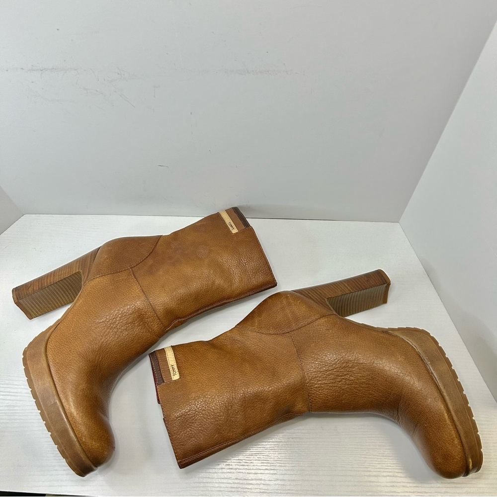 Vintage Tommy Hilfiger 90’s Platform Heel Tan Brown Leather Boots Size 9 - Picture 9 of 16